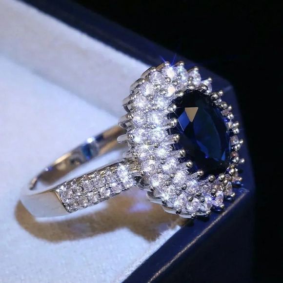 NEW 925 Silver Diamond Oval Sapphire Halo Ring - Picture 6 of 8